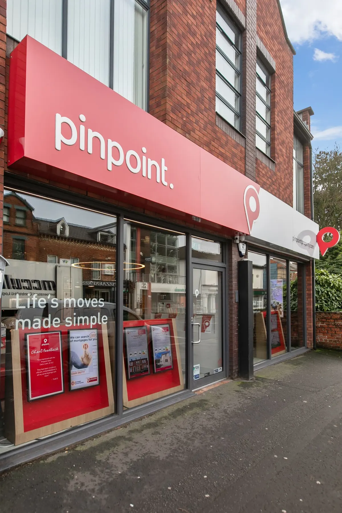 Pinpoint estate agency shop front signage on the Lisburn Road, Belfast
